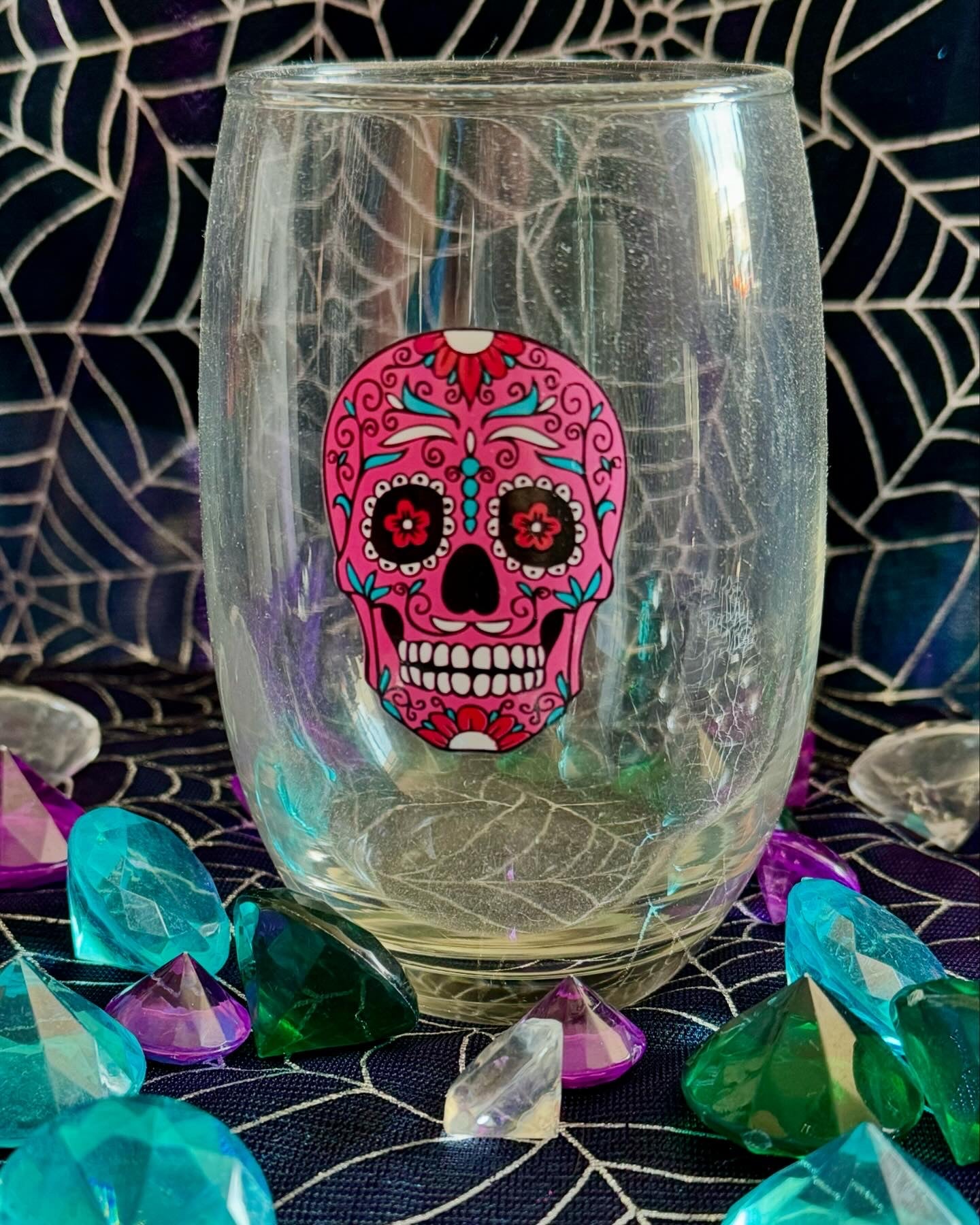 Pink Day of the Dead Wine Glass