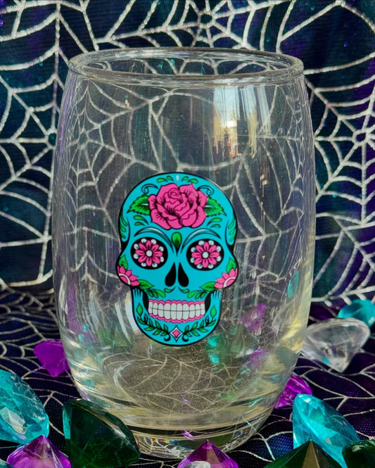 Blue Day of the Dead Wine Glass